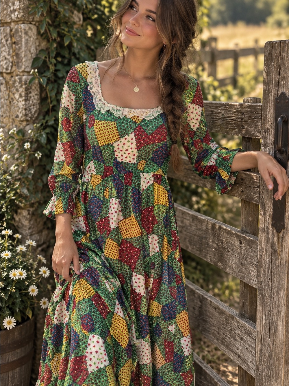 Homemade conservative Patchwork Floral Lace-Trim Maxi Dress in Green Multi